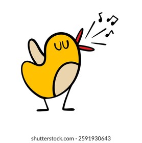 Yellow nightingale or a canary chirps loudly. Vector illustration of  bird singing a song, a loud pleasant voice. Arthritis on the stage of the theater. Isolated funny character on white background.