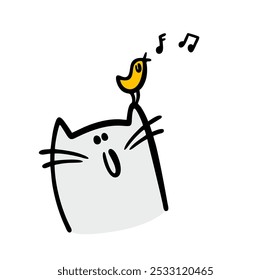 Yellow nightingale sits on the ear of a gray kitten and chirps. Vector illustration of a cat listening to a concert,  bird singing song.  Isolated doodle musical animals on white background.