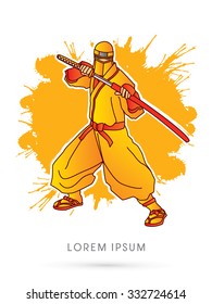 Yellow Ninja and sword on splash grunge background graphic vector.