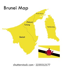 Yellow northern Brunei country map vector with city dividing lines