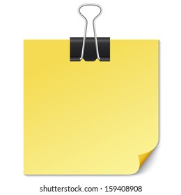 Yellow Note paper with Binder clip on white background. Vector illustration. Template for your text.