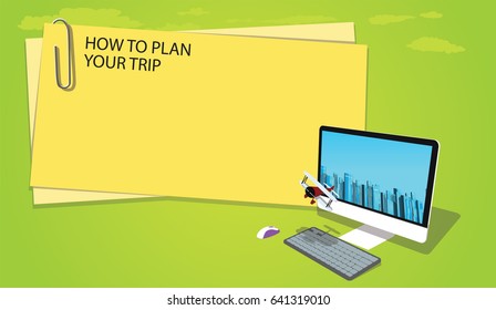Yellow  note with paper clip office computer and cartoon plane white tablet