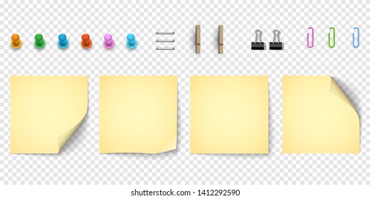 Yellow note paper with curled corner, collection of various elements . Realistic sticky note paper and pinned pushbuttons,paper clips. Isolated background. Front view. - Vector