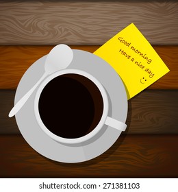 It's a yellow note paper under black coffee in the white cup on wood table background. (EPS10 art vector)