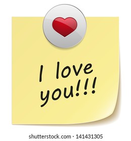 Yellow note with red glossy heart  button