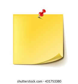 Yellow note with red pin isolated on white photo-realistic vector illustration
