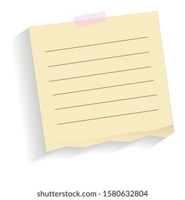 Yellow note with shadow, pinned adhesive tape, ready for your use. Notice board element. Perfect for back to school or business design theme. Isolated on white background. 
