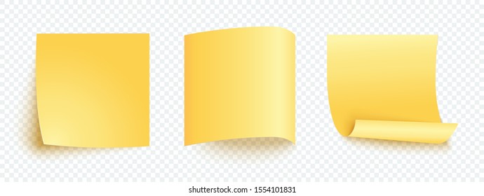 Yellow note sheet of paper set with different shadow. Blank post for message, to do list, memory. Set of vector sticky notes isolated on transparent background.