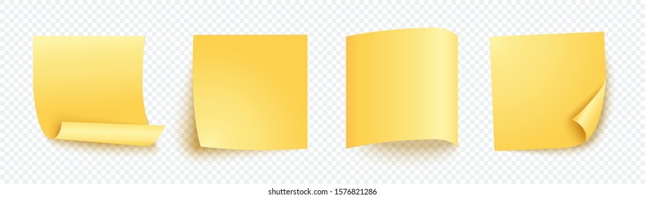 Yellow note sheet of paper set with different shadow. Blank four post for message, to do list, memory. Set of vector sticky notes isolated on transparent background.