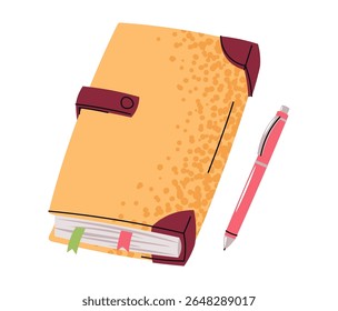 Yellow Notebook with Closure and Pen in Flat Style on White Background. Perfect for School Planners, Office Journals, and Creative Projects. Design for Stationery, Social Media, and Printable Stickers