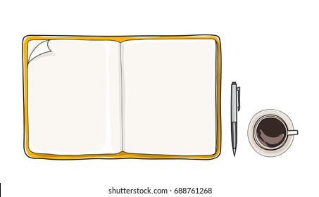Yellow Notebook and coffee cup, pen, Top view hand drawn vector art illustration