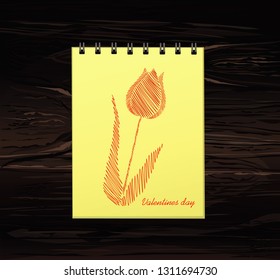 Yellow notebook. Drawn by hand. Line in the shape of  tulip flower. Empty space for text. Vector on wooden background