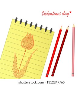 Yellow notebook. Drawn by hand. Line in the shape of  tulip flower. Empty space for text. Vector on white background