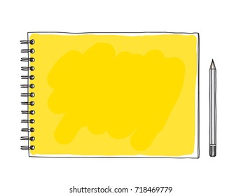 yellow notebook and gray pencil hand drawn vector art illustration