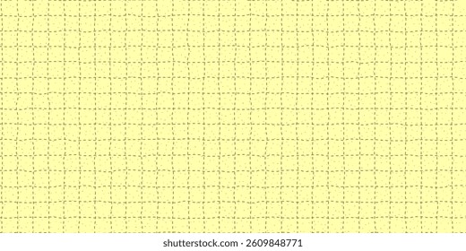 Yellow notebook paper seamless bg with irregular squares made of dash lines and grain texture. Retro background with rough freehand grid. Vector school illustration