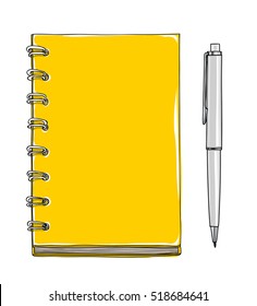 Yellow Notebook And Pen Vector Hand Drawn Cute Illustration