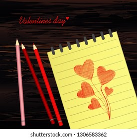 Yellow notebook with template hand-drawn bouquet of red hearts with pencils . Vector on wooden background. Greeting card on holiday. Valentines day. A realistic notepad. Office stationery. For notes