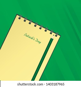 Yellow notebook with template hand-drawn Green festive bunting with clover and pencil. Irish holiday - Happy St. Patrick's Day with a garland of three-leaf. Vector on green background