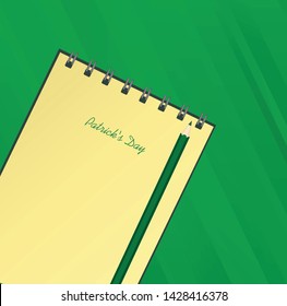 Yellow notebook with template hand-drawn Green festive bunting with clover and pencil. Irish holiday - Happy St. Patrick's Day with a garland of three-leaf. Vector on green background