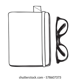 yellow notebook and vintage glasses vector hand drawn line art illustration