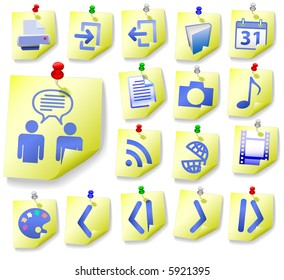 Yellow Notepad Memos and Blue Icons, with corner peels, in this Web Icon Set.