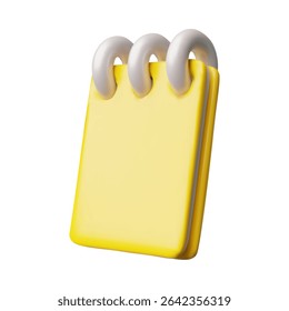 Yellow notepad on a spiral spring 3D cartoon plastic style vector illustration. Notebook creative design. Volume school stationery and office supplies isolated on white background