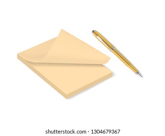 Yellow notepad with page curl and ballpoint pen, vector mockup.