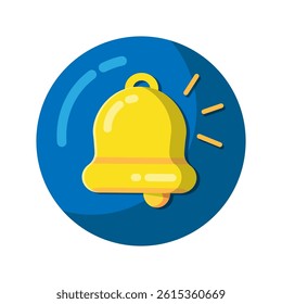 Yellow notification bell icon on blue circle. Alert symbol with ringing effect. Reminder or alarm bell icon.  Flat design vector illustration