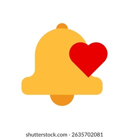 Icono amarillo de la campana de la notificación con el símbolo rojo del corazón en el fondo blanco que representa las alertas favoritas
