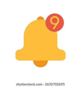 Yellow Notification Bell Icon with Red Alert Badge Showing Number Nine for New Updates or Messages
