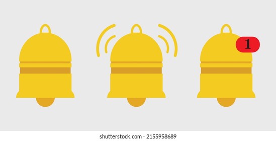 Yellow notification bell icons vector illustration. 3 types of bell Notifications, Ringing and New message.