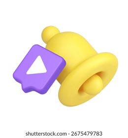 Campainha de notificação amarela e bolha de bate-papo roxa com botão de reprodução para alertas, mídia, design da Web, interface do usuário do aplicativo e streaming. ícone 3d ilustração vetor realista.