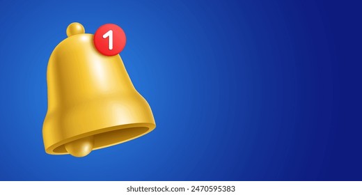 A yellow notification bell with a red sign indicating one new message, against a blue background, vector banner with copy space.