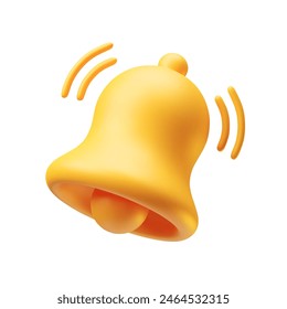 Yellow notification bell ringing icon 3d realistic on white. Golden notification bell for social media notice event reminder, website and app element three-dimensional rendering vector illustration