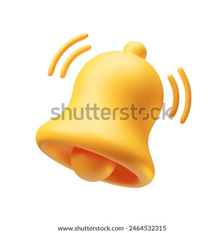 Yellow notification bell ringing icon 3d realistic on white. Golden notification bell for social media notice event reminder, website and app element three-dimensional rendering vector illustration