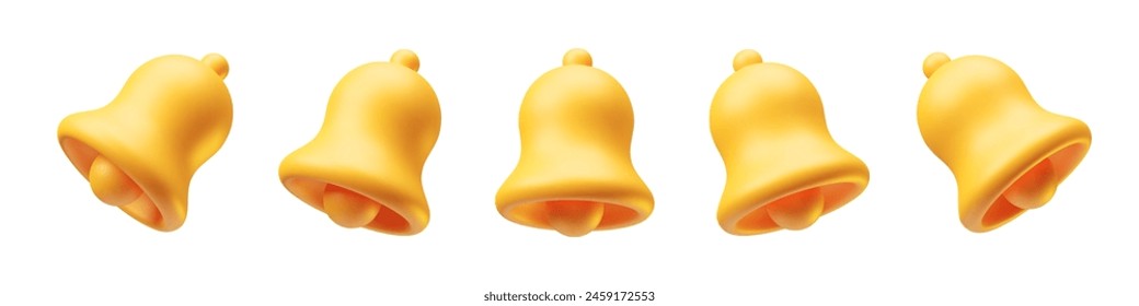 Yellow notification bells ringing icons 3d realistic on white. Golden ringing bells with new notification for social media notice reminder, website and apps elements 3d rendering vector illustration