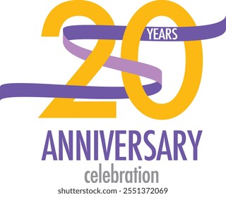 yellow number 20 and purple ribbon with words anniversary celebration in the bottom, isolated on white background.