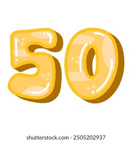 Yellow number 50 fifty vector illustration, cartoon colorful number 50 clip art, fun childish number, 50th birthday
