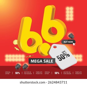 Yellow number 6.6 with 50% discount promotion sign floating in middle of the air for the Mega sale campaign advertising design, promotion on the sixth day of the sixth month, vector 3d illustration