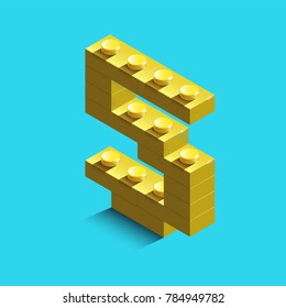 yellow number five from constructor lego bricks on blue background. 3d lego number five