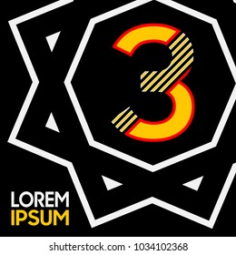 yellow number logo 3 isolated on a black background and octagonal shape as an ornament.