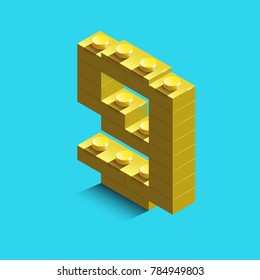 Yellow Number Nine From Constructor Lego Bricks On Blue Background. 3d Lego Number Nine