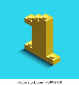 yellow number one from constructor lego bricks on blue background. 3d lego number one