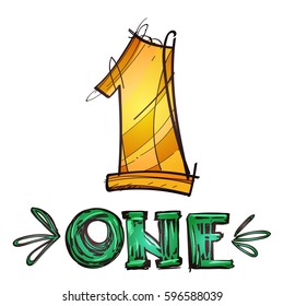 Yellow number one with a green inscription sketch of the logo. Element for infographics in the hand drawing style.