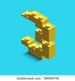 yellow number three from constructor lego bricks on blue background. 3d lego number three