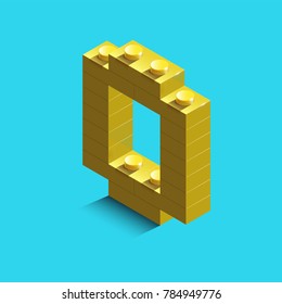 Yellow Number Zero From Constructor Lego Bricks On Blue Background. 3d Lego Number Zero