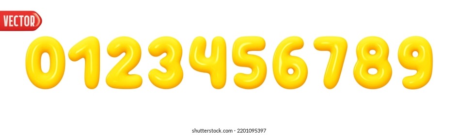 Yellow numbers from 0 to 9. Collection of voluminous inflated numbers from balloon. Set of bright bubble spherical figures. Realistic 3d design. vector illustration - Shutterstock ID 2201095397