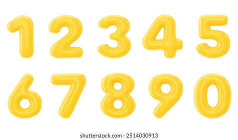 Yellow numbers from 0 to 9. Collection of voluminous inflated numbers from balloon. Set of bright bubble spherical figures. Realistic 3d design. vector illustration