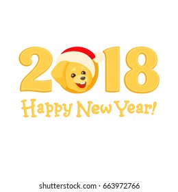 Yellow numbers 2018 with a portrait of a golden labrador retriever in the cap of Santa Claus. A cheerful puppy of the popular breed like a New Year symbol of a Chinese Zodiac. Flat isolated cartoon.
