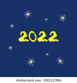Yellow numbers 2022 representing the date of the upcoming New Year with twinkling stars around on a blue background.